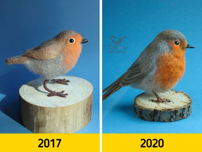 „A bal oldalon egy vörösbegy látható, amit 2017-ben adtam ajándékba a férjemnek. Azóta sokat fejlődtem, ezért eldöntöttem, hogy megismétlem!"