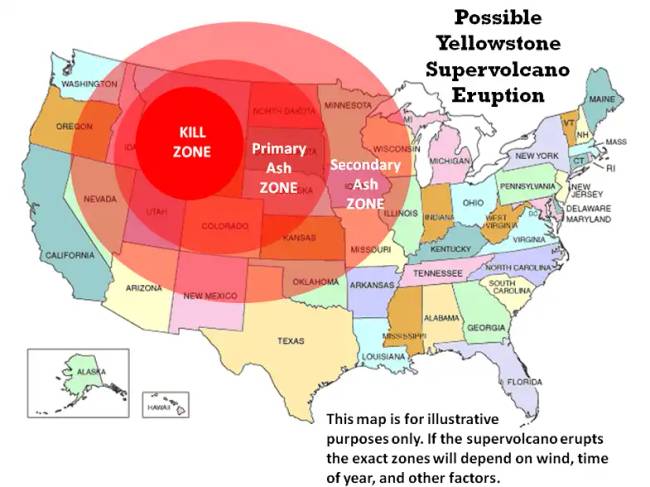 A Yellowstone-kitörés által érintett terület.