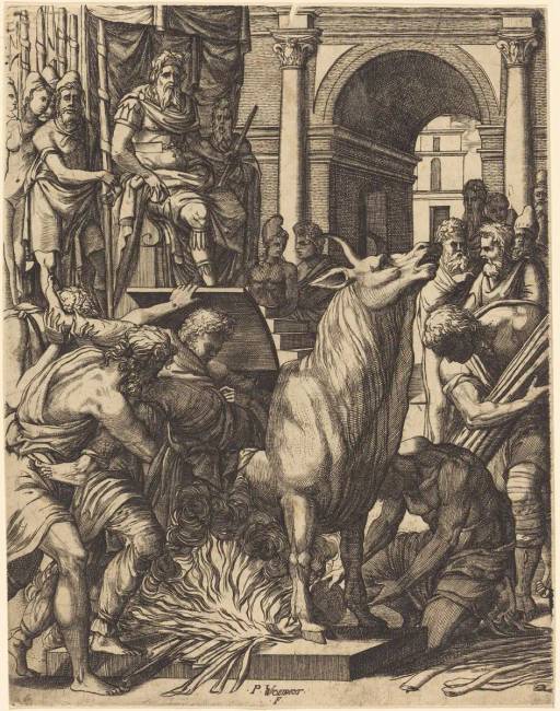 Pierre Vouriot de Buzé metszete, amely Perille mester kivégzését ábrázolja, 1562.