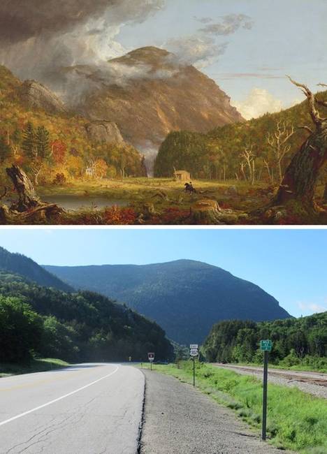 Az amerikai Crawford Notch hegyszoros képe 1939-ben és 2019-ben.