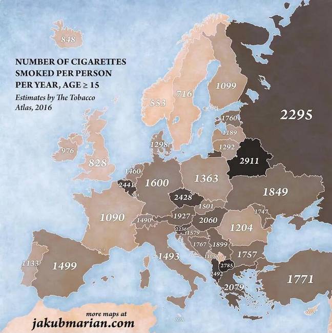 Az évente elszívott cigaretták száma (átlag) a különböző európai országokban.