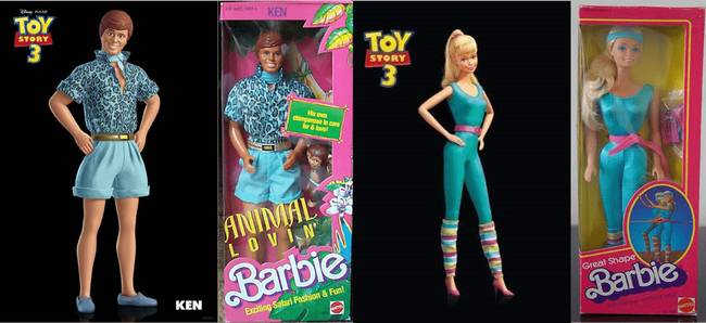 Ken és Barbie kinézete a Barbie-babák eredeti játékain alapszik. (Toy Story 3, 2010)