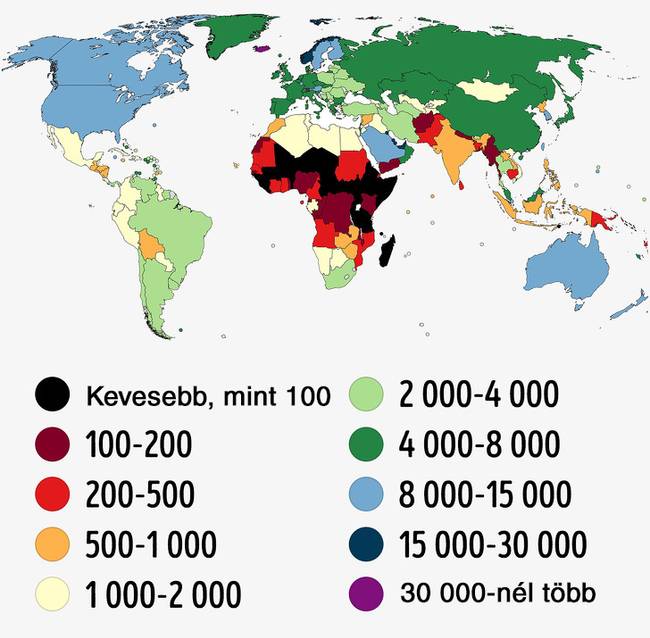 Mennyi villamos energiát fogyasztanak el az emberek évente a világ különböző országaiban. (1 főre jutó kilowattórák száma évente)