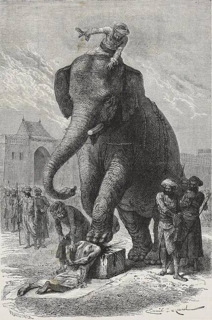 Louis Rousselet metszete, amely egy elefánttal végrehajtott kivégzést ábrázol, 1868.