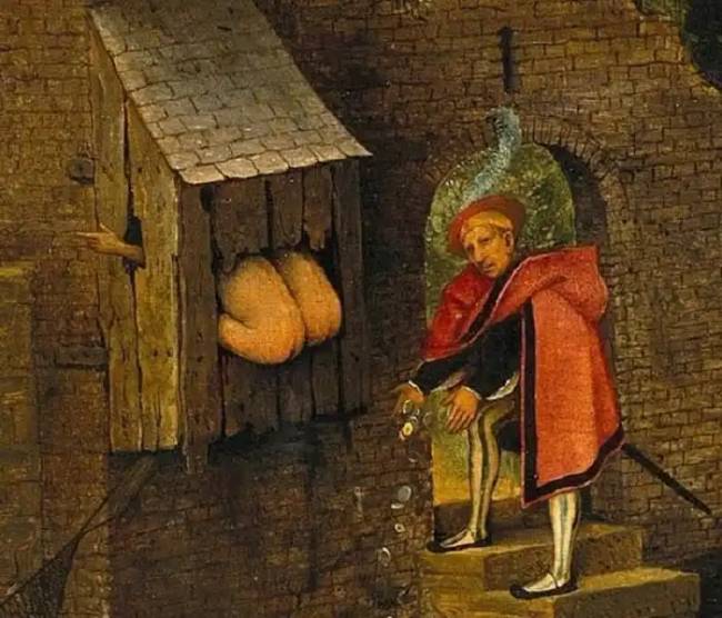Középkori festő (Pieter Bruegel, XVI. század közepe) festményén a székelés folyamata.
