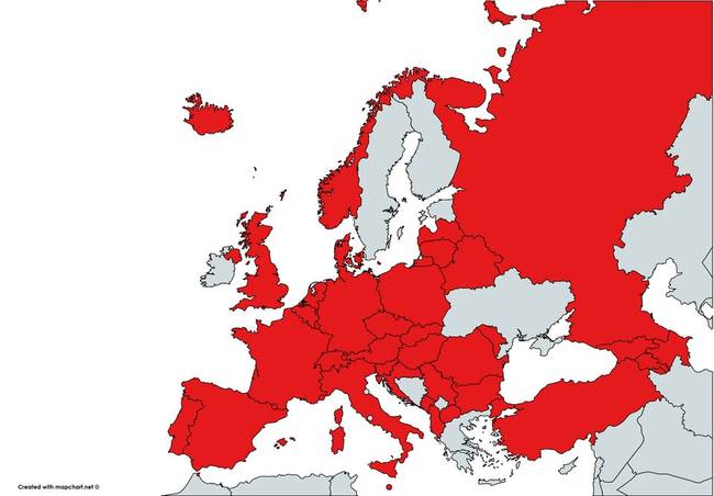 Azon európai országok, melyeknek a zászlajában van piros szín.