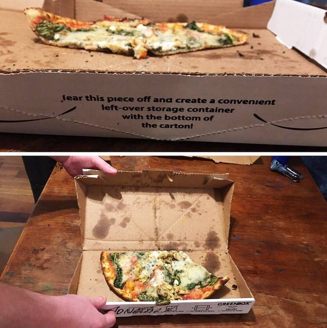 Ez a pizzás doboz a perforálás mentén eltéphető, ezáltal kompakt módon csomagolhatjuk el benne a maradékokat.