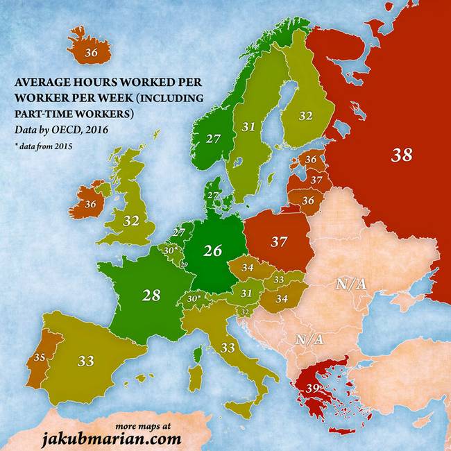 Egy átlagos európai lakos heti munkaideje. (órában és a részmunkaidős dolgozókat is beleszámolva)