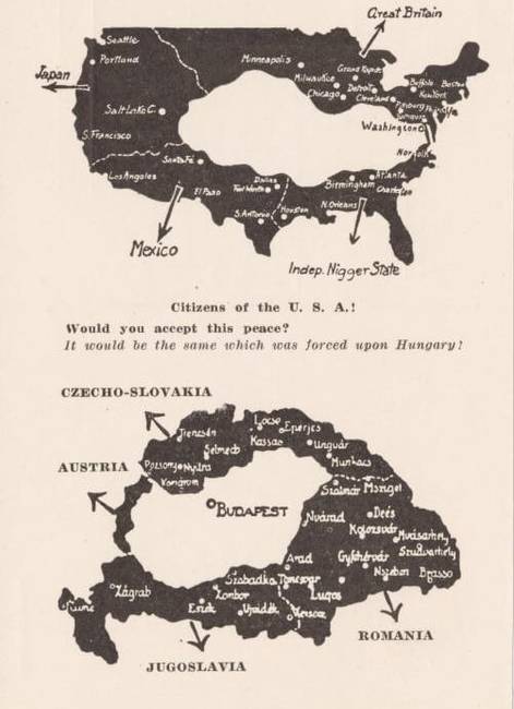 Az 1920-as években a magyar kormány egy térképet készített, amita trianoni szerződésben elcsatolt területek mértékét az Egyesült Államokon prezentálja.
