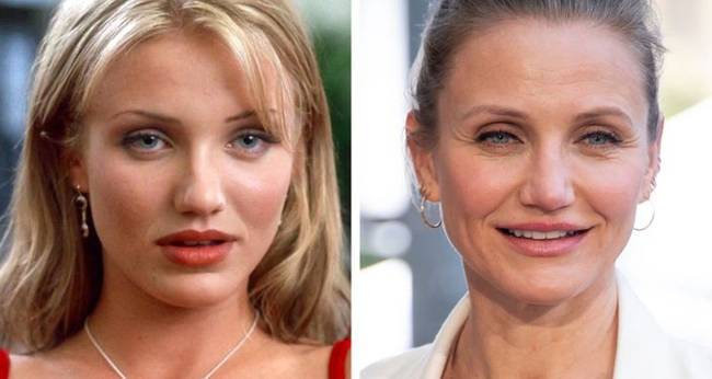 Cameron Diaz a "Maszk" (1994) című vígjátékban, és 2019-ben.