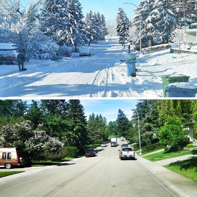 Ugyanaz az utca a kanadai Calgary-ben, télen és nyáron.