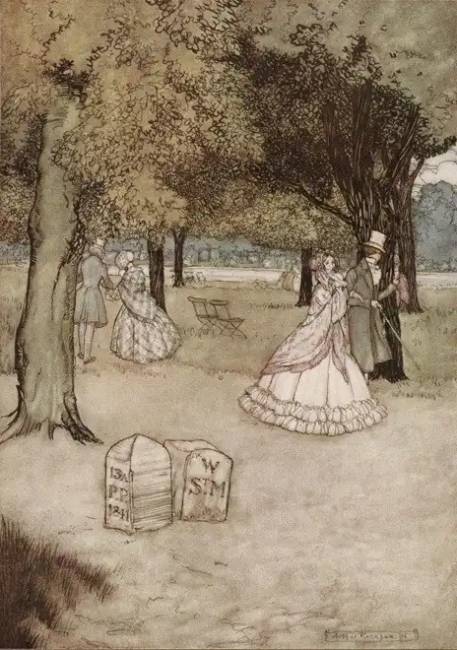 Arthur Rackham illusztrációja James Barrie "Pán Péter a Kensington parkban" című könyvéhez.
