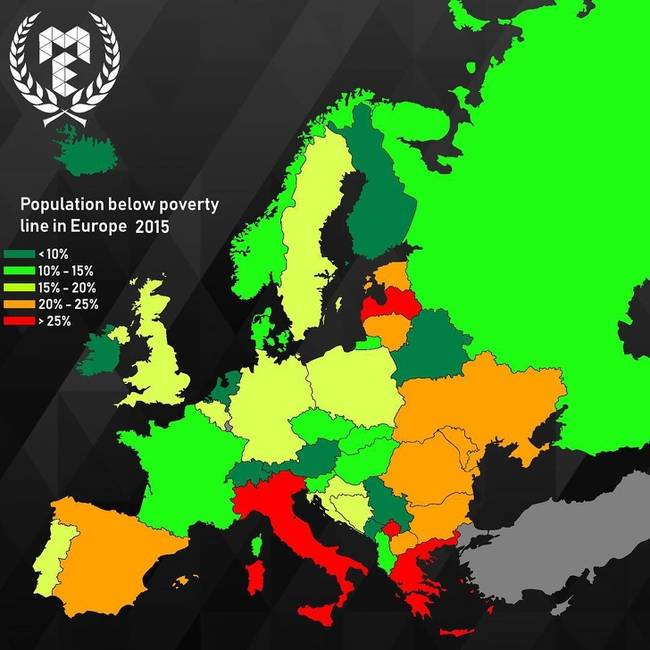 Az európai országok szegénységben élő lakosai, százalékosan.