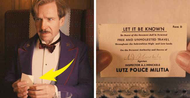 A Grand Budapest Hotel: amikor Gustave odaadja a kártyát, tisztán látható, hogy az egyik sarka meg van hajolva. A következő közeli jelenetben azonban ennek már semmi nyoma.