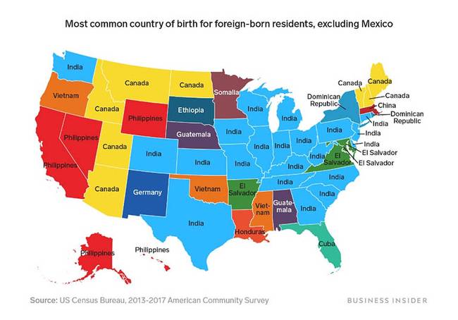 Melyik külföldi országból származik a legtöbb amerikai állampolgár az adott államban. (Mexikó kivételével)