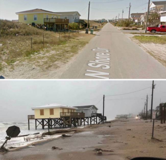 Az észak-karolinai Surf City egyik utcája a Florence-hurrikán előtt és után.
