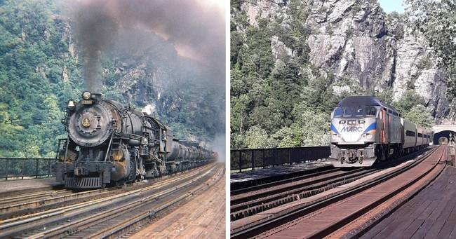 Vonatok az amerikai Harpers Ferry faluban 1947-ben és 2021-ben