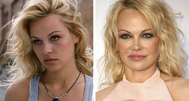 Pamela Anderson egyik első szerepe a "Jó zsaru, rossz zsaru" (1994) című filmben, a második fotó pedig 2019-ben készült.