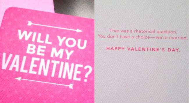 „Leszel a Valentinom?" „Csak egy költői kérdés volt. Nincs választásod - házasok vagyunk. Boldog Valentin-napot."