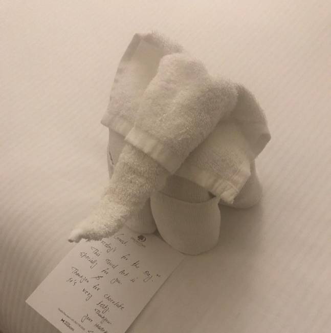 „Hagytam néhány csokoládét és egy rövid üzenetet a hotelszobámban a takarítóknak, ezt a kis elefántot és az alatta látható üzenetet kaptam tőlük vissza."