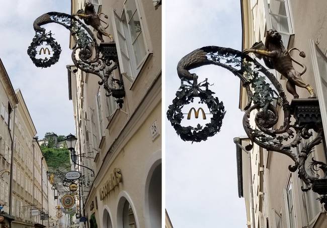 Salzburg utcáin a McDonald’s logója harmonikusan keveredik az óváros környezetével.