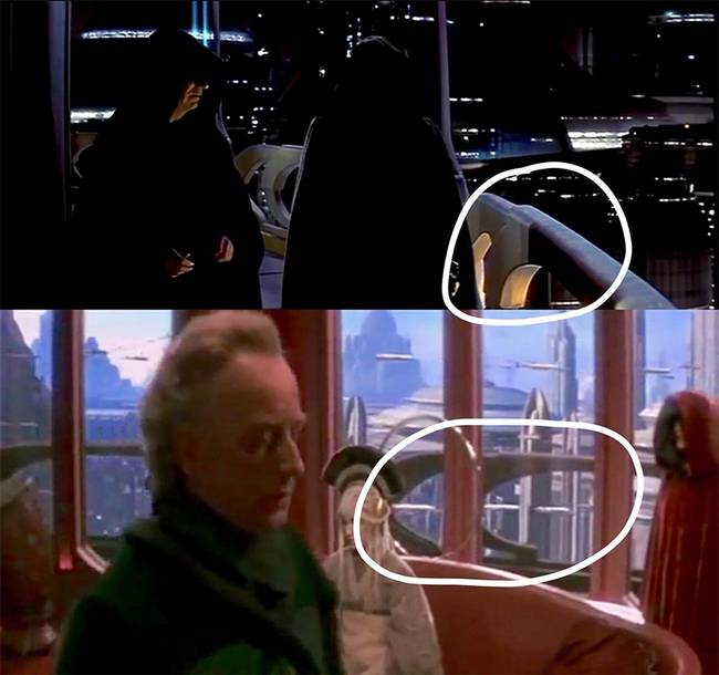 A Star Wars I. részében, a Baljós árnyak című epizódban Palpatine a saját erkélyén találkozik Darth Maul-lal, mint Sidious nagyúr.