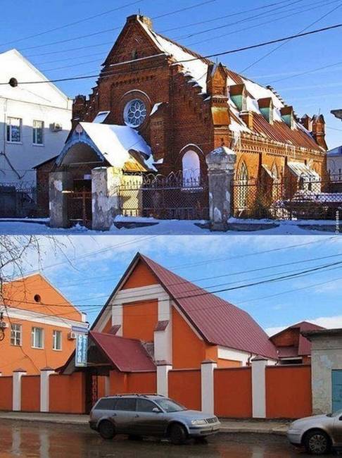 Evangélikus templom a felújítás előtt és után.