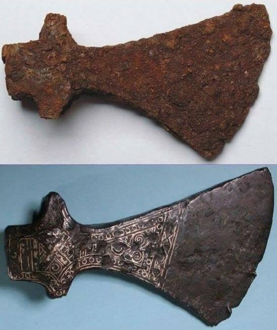 Viking fejsze a restaurálás előtt és után.