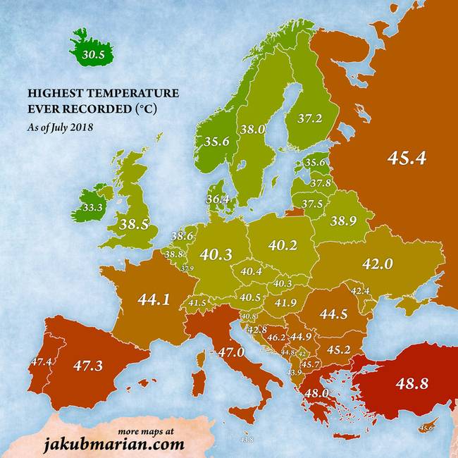 A valaha mért legmagasabb hőmérséklet az európai országokban.