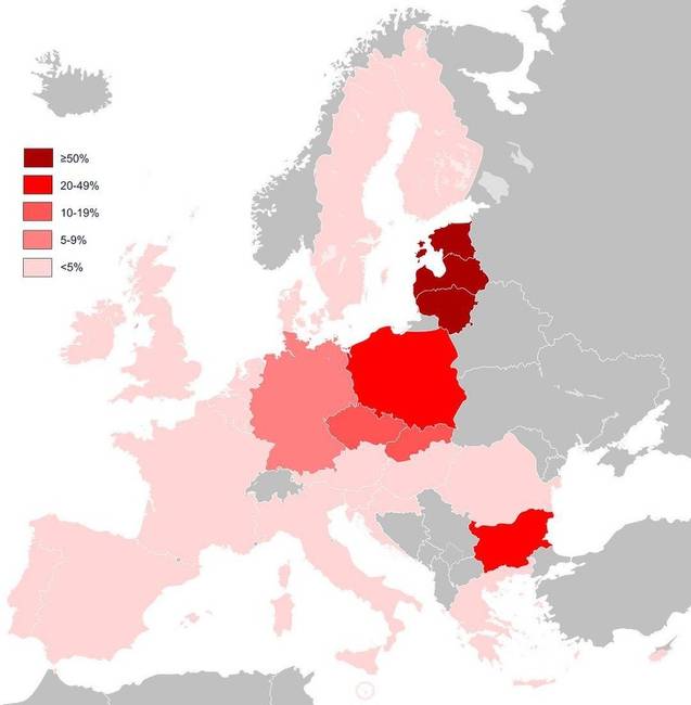 Az európai országok oroszul beszélő lakosainak száma, százalékosan.