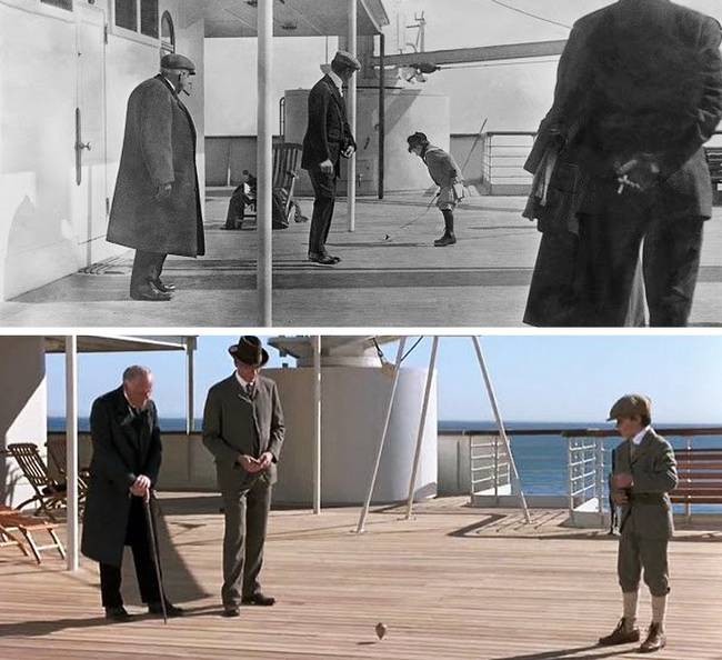 A Titanic című film azon jelenete, amiben Jack elsétál a fedélzeten a két férfi mellett, akik a „Peonza” nevű játékkal játszó kisfiú figyelik, egy valóban létező fotón alapul.