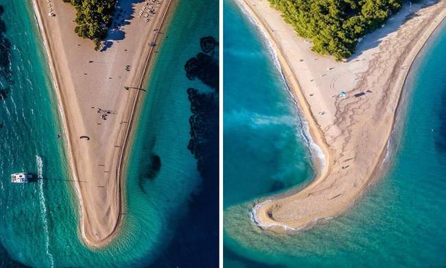 A horvátországi Zlatni Rat strand az erős szél és hullámok miatt megváltoztatta az alakját.