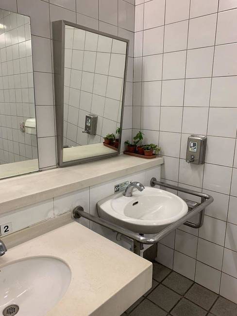 Ebben a nyilvános WC-ben az egyik tükör döntve van, hogy a kerekesszékes emberek is lássák magukat a tükörben.