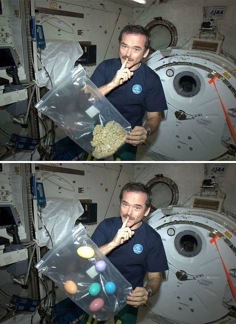 Chris Hadfield híres marihuánás fotója természetesen szintén hamis, valójában húsvéti tojások voltak az eredeti képen.