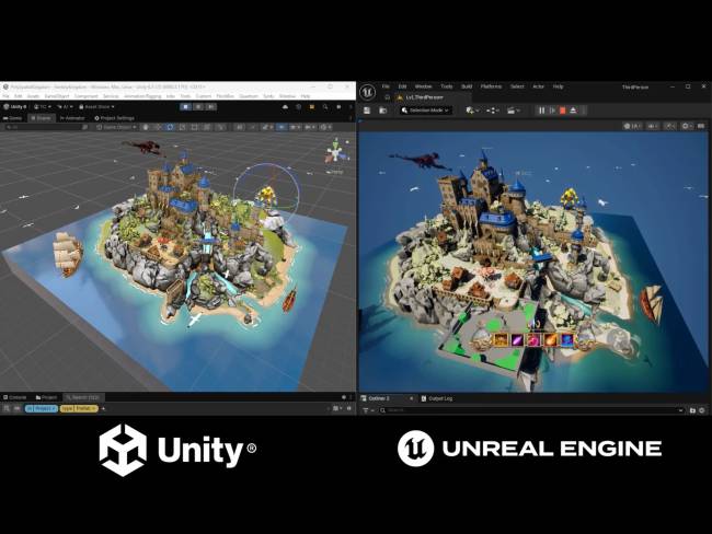 A bemutató a Unity Editorban futó Fantasy Kingdom projektet veti össze az Unreal Engine által renderelt változattal.