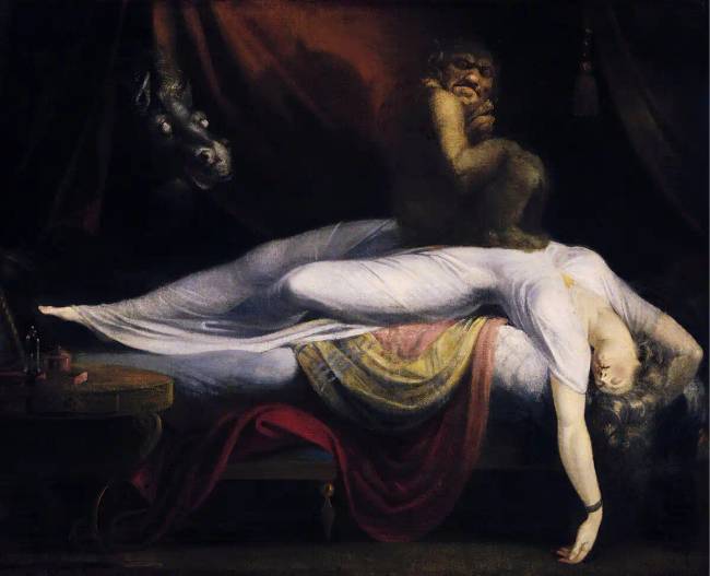 Henry Fuseli: "A rémálom: Incubus ül egy alvó nő testén." Ez a Királyi Művészeti Akadémián kiállított festmény nagy feltűnést keltett a közönség körében.