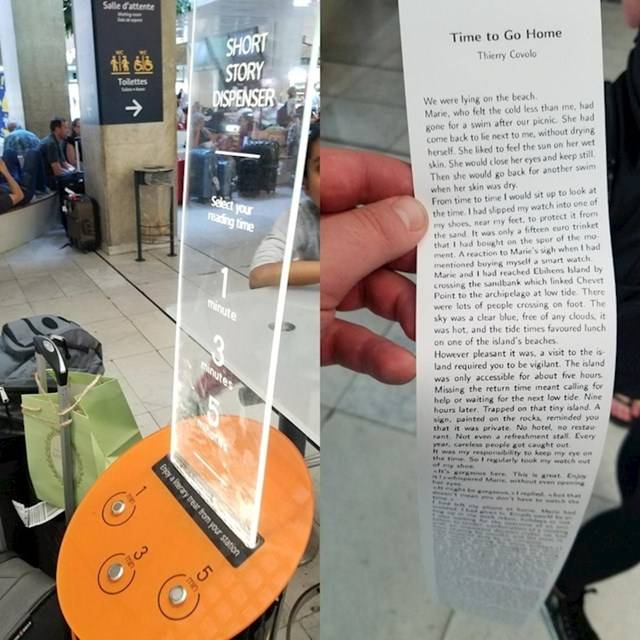 Ezen a repülőtéren van egy automata, ami mini-novellákat nyomtat az utazóknak, hogy el tudják ütni az időt az olvasással, amíg várnak a repülőre.