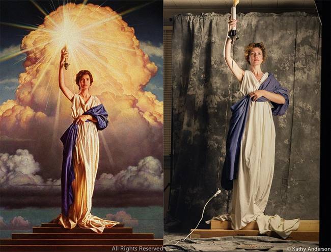 A 28 éves Jenny Joseph, a Columbia Pictures logójának forgatása közben, 1992-ben.
