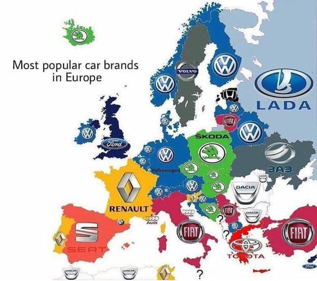 A legnépszerűbb autómárkák a különböző európai országokban.