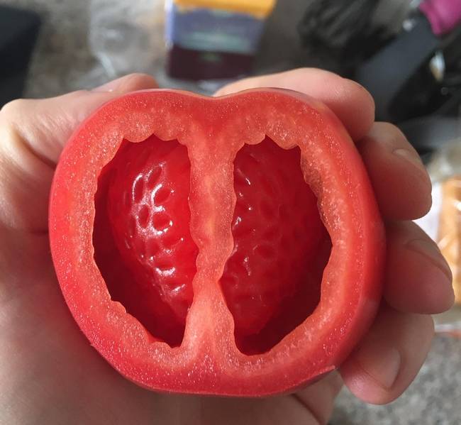 Végezetül pedig egy paradicsom, aminek a belseje épp úgy néz ki, mintha egy eper nőtt volna benne.