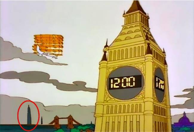 The Shard felhőkarcoló, London. Az egyik 1995-ben készült jelenetben pont olyan, mintha ennek a felhőkarcolónak a sziluettjét látnánk a háttérben, pedig ez az épület valójában csak 2009-ben épült fel.