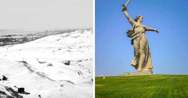 Mamaev Kurgan Volgográdban (akkor Sztálingrád) a " Hív a szülőföld" szobor építése előtt és után.