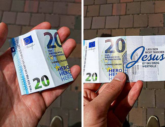 „Ezt a hamis 20 euróst egy bevásárlóközpont padlóján találtam. Felvettem, és kiderült, hogy csak hirdetés."