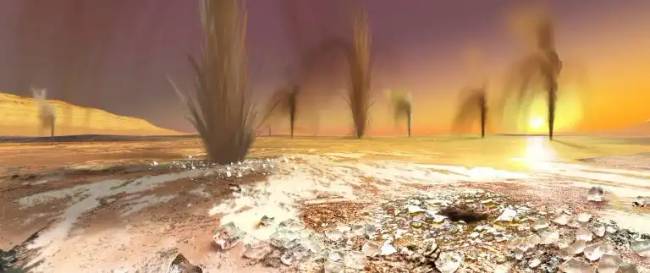 Művészi ábrázolás a Mars déli-sarkvidékén található gejzírekről a déli tavasz kezdetén. (NASA/JPL-Caltech/Arizonai Állami Egyetem/Ron Miller)