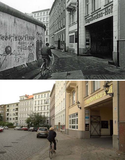 Kerékpározás a Berlinben található Kreuzberg városrészben, 1985-ben és 2018-ban.