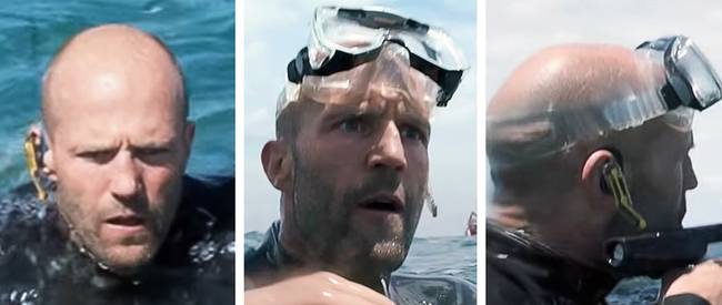 Jason Statham headset-je a Meg - Az őscápa című filmben az egyik füléről a másik fülére vándorol a jelenetek között.