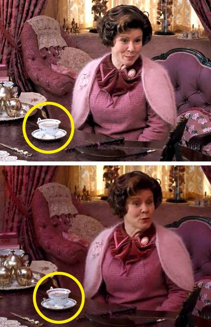 Abban a jelenetben, amikor Umbridge kihallgatja Pottert, láthatjuk, hogy nincs kanál a csésze mellett, majd néhány másodperc múlva rejtélyesen ott terem.