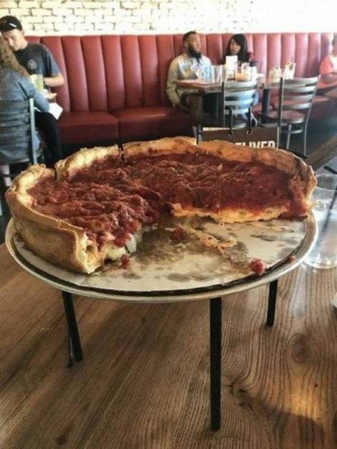 Egy talpas tálcán, ügyes szögből fotózott pizza, ami így olyan hatást kelt, mintha asztal méretű volna az étel. Ebben az esetben ez azonban csak a látszat...☹️