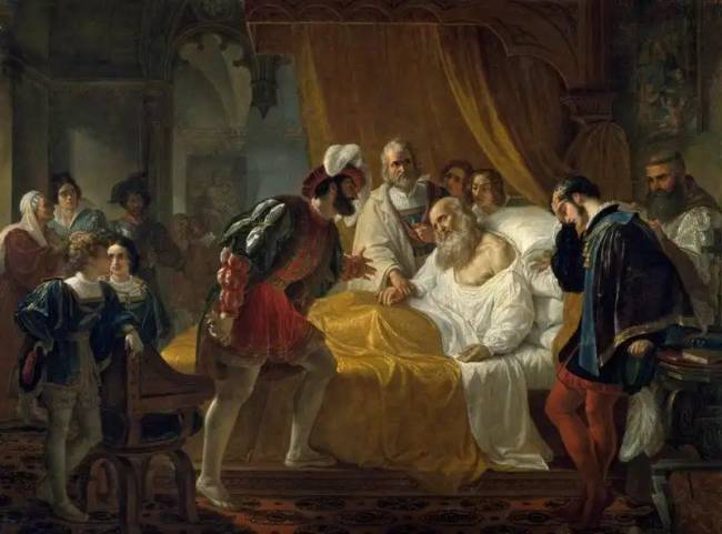 "I. Ferenc, Franciaország királya a haldokló Leonardo da Vinci ágyánál", Cesare Mussini.