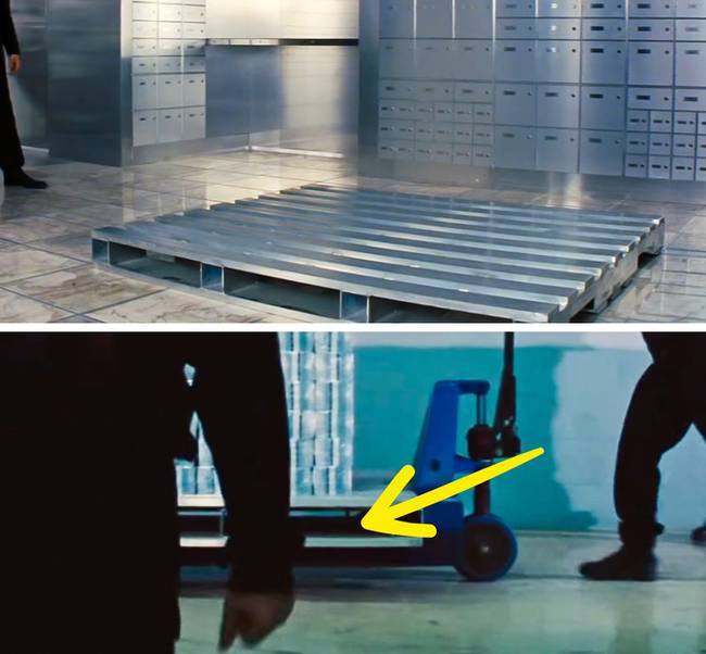 A cselekmény szerint a Szemfényvesztők című film hősei egy fém raklapba rejtőznek, de ha jobban megnézzük rájöhetünk, hogy fizikailag sosem fértek volna bele. És az egyik (alsó kép) jelenetben egyébként látható is, hogy senki sincs a raklapban.